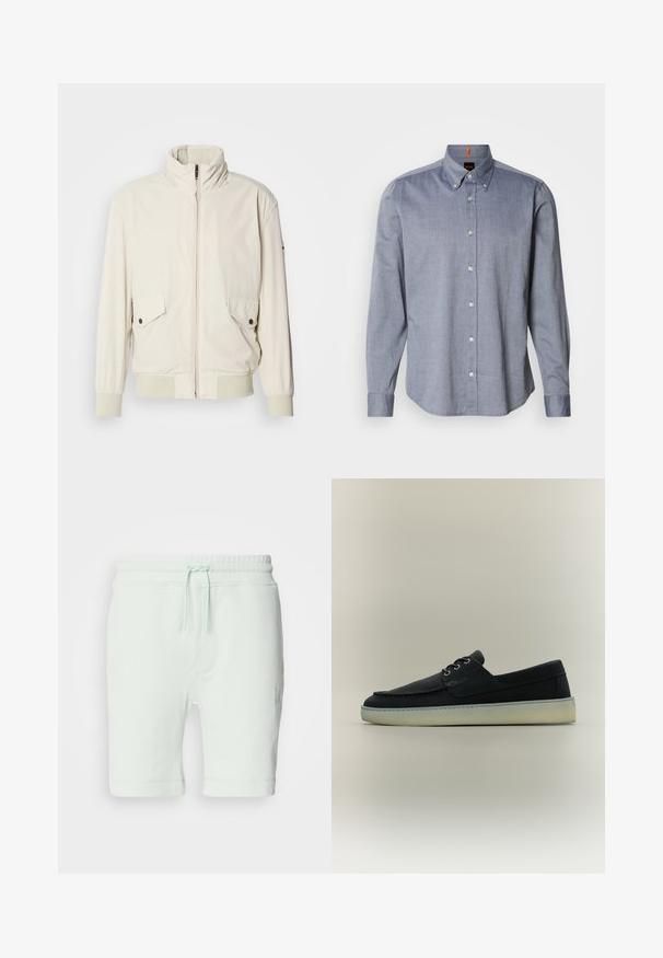Lys beige jakke med høj krave, lynlås, to klaplommer og ribbede manchetter. Fremstillet af et blødt, glat materiale.; Blå ternet skjorte med knapper, krave, lange ærmer og hvide knapper. Har en vævet tekstur og orange accenter ved kraven.; Lys mintgrønne bomuldsshorts med elastisk talje, justerbar snøre, sidelommer og logo-detalje på højre ben.; Sort læder casual bådsko med hvid gummisål og snørebånd foran, vist i sideprofil på neutral baggrund.