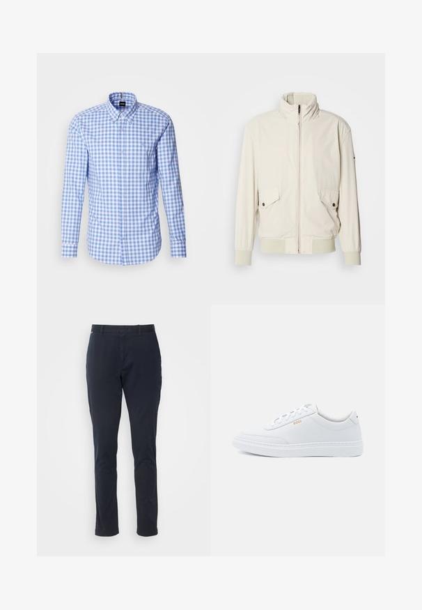 Chaqueta de color beige claro con un cuello alto, cierre de cremallera, dos bolsillos con solapa y puños acanalados. Confeccionada en un material suave y liso.; Camisa de patrón de cuadros azul y blanco con mangas largas, cuello abotonado y bordado del logo en el pecho. Material de algodón suave.; Chinos azul marino de algodón, con un diseño de pierna recta, frente liso y bolsillos laterales. Sin patrones ni adornos visibles.; Zapatillas de cuero blanco con textura suave, puntera redondeada y costuras tonales. Cuentan con cordones azules y un logo dorado en el lateral.