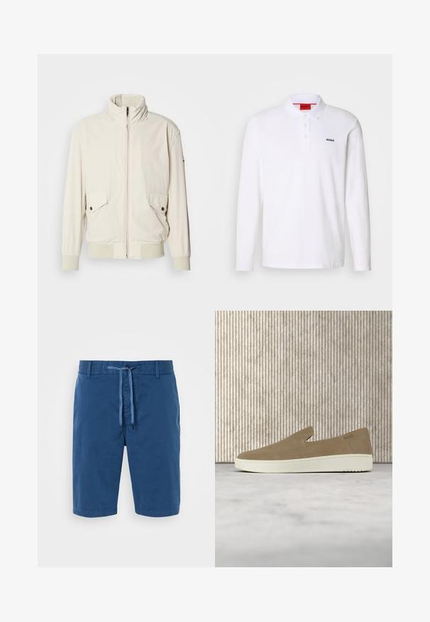 Chaqueta de color beige claro con un cuello alto, cierre de cremallera, dos bolsillos con solapa y puños acanalados. Confeccionada en un material suave y liso.; Camisa polo blanca de manga larga hecha de algodón con cuello, tapeta de tres botones y el logo negro "HUGO" en el lado izquierdo del pecho.; Pantalones cortos de algodón azul con cintura elástica, cierre con cordón, bolsillos laterales y una textura suave. No hay patrones ni acentos visibles.; Zapato beige sin cordones con suela blanca, mostrado en el aire sobre una alfombra clara con muebles transparentes de color ámbar al fondo.