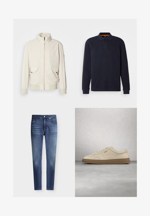 Helle beigefarbene Jacke mit hohem Kragen, Reißverschluss, zwei aufgesetzten Taschen und gerippten Bündchen. Aus einem weichen, glatten Material gefertigt.; Marineblaue langärmelige Poloshirt aus strukturiertem Stoff mit einer Knopfleiste am Hals. Verfügt über ein kleines gesticktes Logo auf der Brust.; Herren Slim Fit blaue Denim-Jeans mit klassischem Fünf-Taschen-Stil und leichter Verfärbung an Oberschenkeln und Knien, Knopf- und Reißverschluss.; Hellbeiger Wildledersneaker mit Gummisohle, auffälligen Schnürsenkeln und dezenten Nahtdetails. Sauberes Design mit minimalistischem Ästhetik.