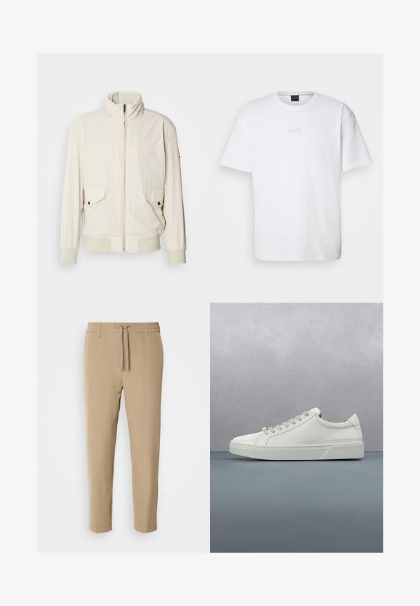 Lys beige jakke med høj krave, lynlås, to klaplommer og ribbede manchetter. Fremstillet af et blødt, glat materiale.; Hvid bomulds T-shirt med korte ærmer, rund halsudskæring og præget "BOSS" logo på brystet. Glat tekstur, standard pasform.; Beige, tapered bukser med elastisk talje og snor. Glat stof med et rent design uden synlige mønstre eller hardware.; Hvid lædersneaker med rund tå, minimalistisk design, grå snørebånd og en tekstureret grå gummisål. Subtile syningsdetaljer er synlige.