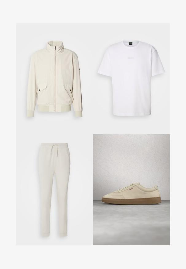 Chaqueta de color beige claro con un cuello alto, cierre de cremallera, dos bolsillos con solapa y puños acanalados. Confeccionada en un material suave y liso.; Camiseta de algodón blanca de manga corta, con escote redondo y logotipo grabado de "BOSS" en el pecho. Textura suave, ajuste estándar.; Pantalones deportivos de color beige claro, hechos de una suave tela texturizada. Cuentan con una cinturilla con cordón, puños acanalados y bolsillos laterales. Ajuste entallado.; Zapatilla de ante beige claro con suela de goma color caramelo, cordones prominentes y detalles de costura sutiles. Diseño limpio con una estética minimalista.