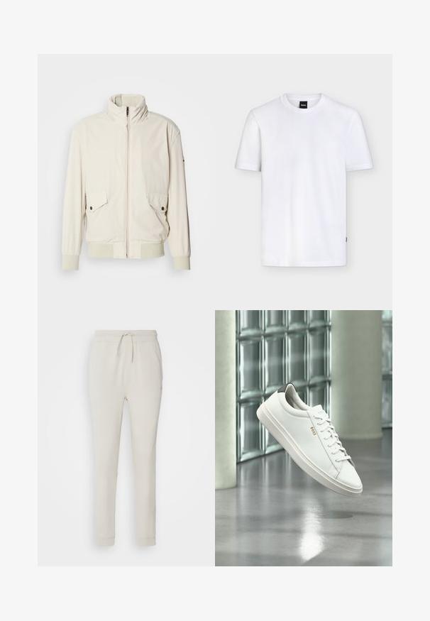 Lys beige jakke med høj krave, lynlås, to klaplommer og ribbede manchetter. Fremstillet af et blødt, glat materiale.; Enkelt hvid T-shirt med korte ærmer og rund halsudskæring, med et lille sort mærke ved kraven og subtil tekstur i stoffet.; Lys beige sweatpants lavet af blødt, tekstureret stof. Har en snørre i taljen, ribbede manchetter og sidelommer. Skræddersyet pasform.; Hvid læder lav-top sneaker med snørebånd, sort hælflig og "BOSS"-logo, svævende indendørs nær glasblok væg og poleret gulv.