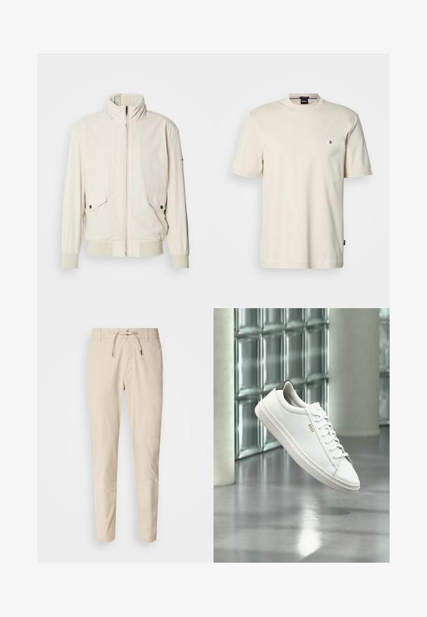 Lys beige jakke med høj krave, lynlås, to klaplommer og ribbede manchetter. Fremstillet af et blødt, glat materiale.; Kortærmet t-shirt med rund hals i lysebeige bomuld. Har et lille rundt logo på brystet og en lige nederkant.; Lys beige bukser med en glat stoftekstur, elastisk talje og justerbar snor. Taperet ben-design. Ingen synlige mønstre.; Hvid læder lav-top sneaker med snørebånd, sort hælflig og "BOSS"-logo, svævende indendørs nær glasblok væg og poleret gulv.