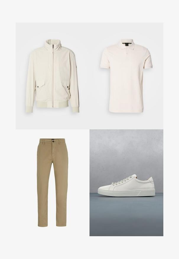 Chaqueta de color beige claro con un cuello alto, cierre de cremallera, dos bolsillos con solapa y puños acanalados. Confeccionada en un material suave y liso.; Camisa polo de color crema, hecha de tejido suave, con un cuello clásico, dos botones y un sutil detalle de logotipo en el pecho.; Chinos de algodón beige con un ajuste slim, frente plano y cierre de botón. Presenta trabillas para cinturón y bolsillos laterales para mayor funcionalidad.; Zapatilla blanca de cuero con punta redondeada, diseño minimalista, cordones grises y suela de goma texturizada gris. Detalles de costura sutiles visibles.