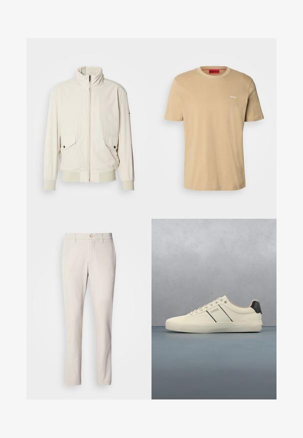 Lys beige jakke med høj krave, lynlås, to klaplommer og ribbede manchetter. Fremstillet af et blødt, glat materiale.; Beige bomulds t-shirt med rund halsudskæring, korte ærmer og et lille hvidt "HUGO" logo på brystet. Glat tekstur uden mønstre.; Beige bukser med slim fit, der har en frontknaplukning, flad frontdesign og lige ben, lavet af glat bomuldsblandingsstof.; Cremefarvede sneakers med en glat tekstur, der har sorte accenter og branding. Klassisk snørebåndsdesign med rund tå og gummisål.