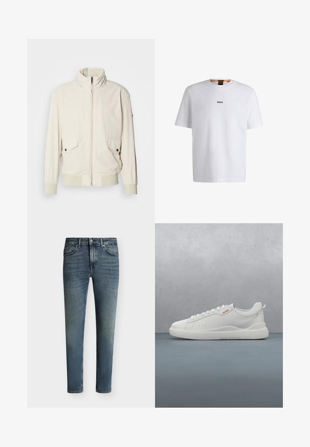 Helle beigefarbene Jacke mit hohem Kragen, Reißverschluss, zwei aufgesetzten Taschen und gerippten Bündchen. Aus einem weichen, glatten Material gefertigt.; Weißes Baumwoll-T-Shirt mit kurzen Ärmeln, ausgestattet mit einem schwarzen "BOSS"-Logo, das mittig auf der Brust platziert ist, und einem runden Halsausschnitt.; Blau ausgewaschene Slim-Fit-Jeans mit fünf Taschen und Knopf- und Reißverschluss auf einfarbigem Hintergrund.; Weiße Sneaker aus glattem Leder, runde Spitze, vier Ösen, dezente Perforationen und ein rotes Logodetail an der Seite.