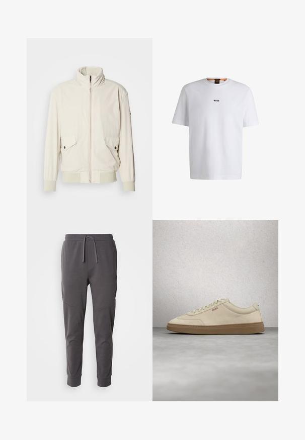 Licht beige jasje met een hoge kraag, ritssluiting, twee klepzakken en ribgebreide manchetten. Gemaakt van een zachte, gladde stof.; Witte katoenen T-shirt met korte mouwen, voorzien van een zwart "BOSS"-logo in het midden van de borst en een ronde halsontwerp.; Grijze joggingsbroek gemaakt van zachte stof met een elastische tailleband, voorzien van zijzakken en een taps toelopend ontwerp aan de enkels.; Lichtbeige suède sneaker met een zool van gumrubber, opvallende veters en subtiele stikdetails. Strak ontwerp met een minimalistische uitstraling.
