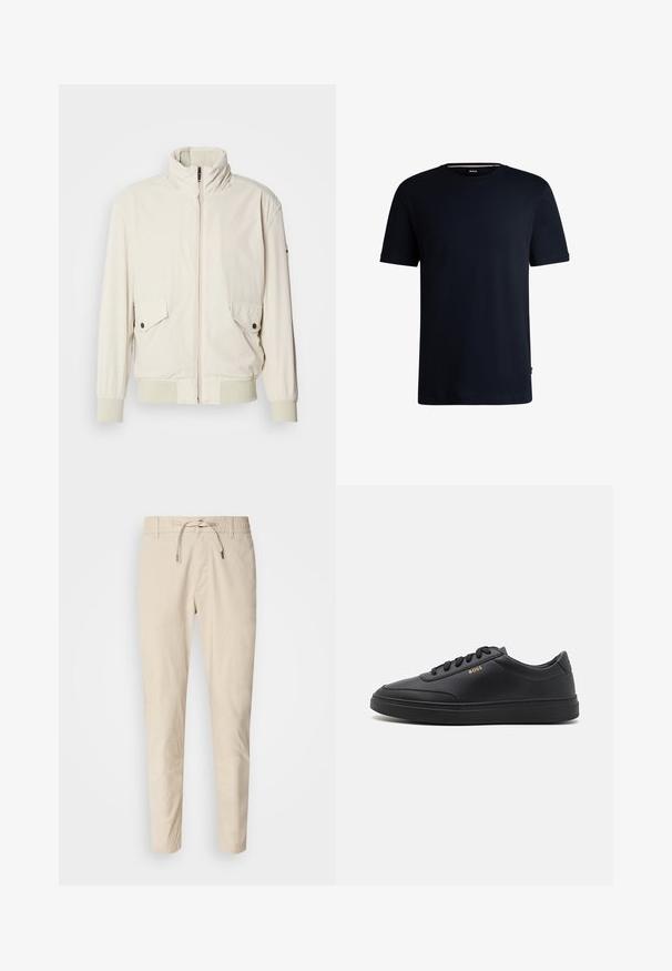 Lys beige jakke med høj krave, lynlås, to klaplommer og ribbede manchetter. Fremstillet af et blødt, glat materiale.; Marineblå bomulds t-shirt med korte ærmer, rund halsudskæring og et minimalistisk design. Har et logomærke ved sømmen.; Lys beige bukser med en glat stoftekstur, elastisk talje og justerbar snor. Taperet ben-design. Ingen synlige mønstre.; Sorte lædersneakers med en glat overflade, rund tå, flad gummisål og tonede snørebånd. Udstyret med guld "BOSS" branding på siden.