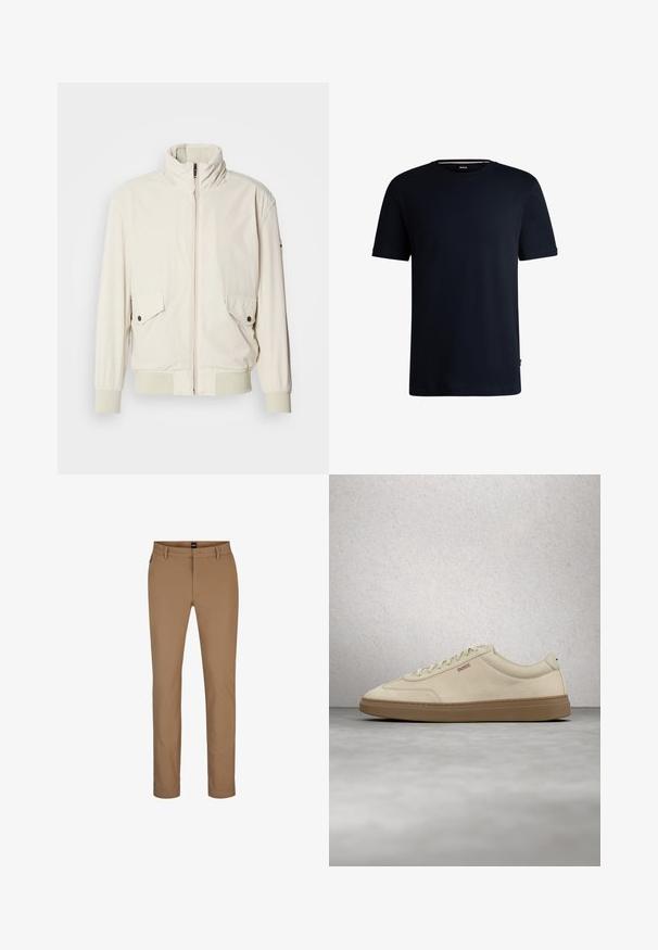 Lys beige jakke med høj krave, lynlås, to klaplommer og ribbede manchetter. Fremstillet af et blødt, glat materiale.; Marineblå bomulds t-shirt med korte ærmer, rund halsudskæring og et minimalistisk design. Har et logomærke ved sømmen.; Lysebrune bukser lavet af en bomuldsblanding med lige ben, forlommer og lynlås. Minimal hardware og ingen synlige mønstre.; Lyse beige ruskindssneaker med gummisål i farven gum, tydelige snørebånd og fine syningsdetaljer. Ren design med et minimalistisk æstetisk udtryk.