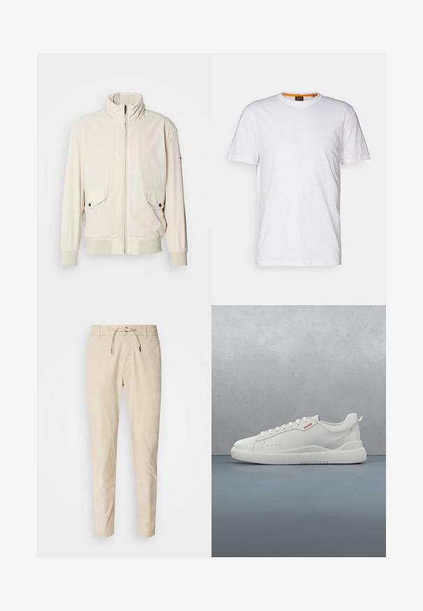 Veste beige clair avec un col haut, fermeture éclair, deux poches à rabat et des poignets côtelés. Fabriquée dans un matériau doux et lisse.; T-shirt en coton blanc avec un col rond, des manches courtes et un logo en relief subtil sur la poitrine. L'étiquette intérieure a une touche d'orange.; Pantalons beige clair avec une texture de tissu lisse, taille élastique et cordon de serrage ajustable. Design à jambes fuselées. Aucune motif visible.; Sneaker blanche avec une finition en cuir lisse, bout rond, quatre œillets, perforations subtiles et un détail de logo rouge sur le côté.