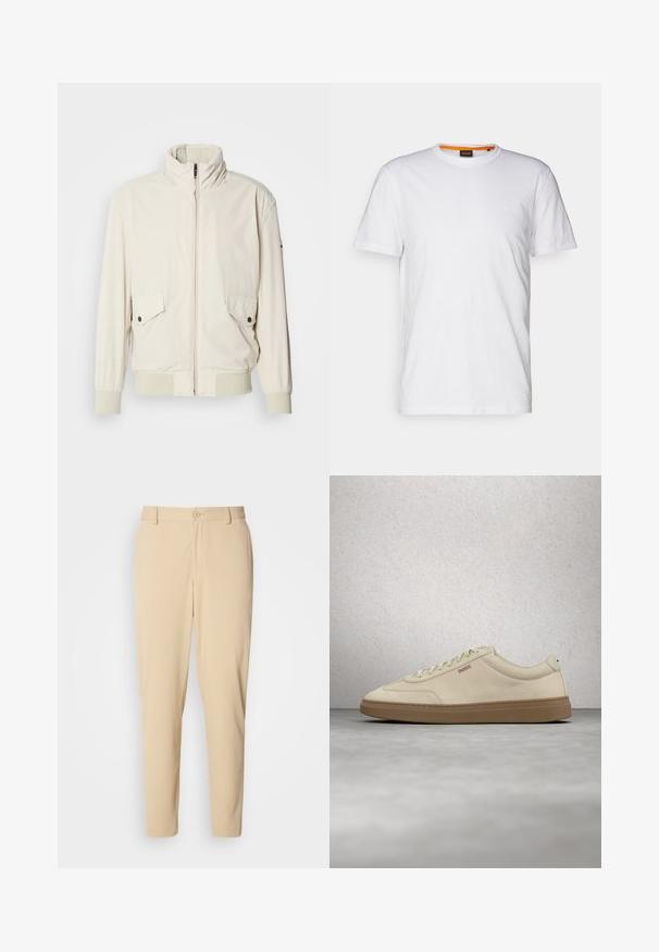 Lys beige jakke med høj krave, lynlås, to klaplommer og ribbede manchetter. Fremstillet af et blødt, glat materiale.; Hvid bomulds T-shirt med rund hals, korte ærmer og et subtilt præget logo på brystet. Indvendigt mærke har en orange detalje.; Beige bukser med struktur i slim fit, med knaplukning foran, bæltestropper og sidelommer. Glat stoffinish.; Lyse beige ruskindssneaker med gummisål i farven gum, tydelige snørebånd og fine syningsdetaljer. Ren design med et minimalistisk æstetisk udtryk.