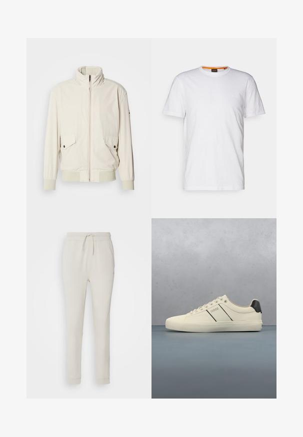 Chaqueta de color beige claro con un cuello alto, cierre de cremallera, dos bolsillos con solapa y puños acanalados. Confeccionada en un material suave y liso.; Camiseta de algodón blanca con cuello redondo, mangas cortas y un sutil logo en relieve en el pecho. La etiqueta interior tiene un acento naranja.; Pantalones deportivos de color beige claro, hechos de una suave tela texturizada. Cuentan con una cinturilla con cordón, puños acanalados y bolsillos laterales. Ajuste entallado.; Zapatillas de color crema con una textura suave, que presentan acentos y marcas en negro. Diseño clásico de cordones con punta redonda y suela de goma.