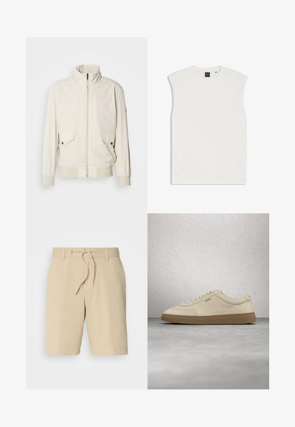 Lys beige jakke med høj krave, lynlås, to klaplommer og ribbede manchetter. Fremstillet af et blødt, glat materiale.; Hvid, ærmeløs t-shirt med rund halsudskæring og diskret "BOSS"-logo broderet på brystet samt sort mærke på kraven.; Beige shorts lavet af tekstureret stof, med en elastisk talje med snøre og sidelommer for funktionalitet.; Lyse beige ruskindssneaker med gummisål i farven gum, tydelige snørebånd og fine syningsdetaljer. Ren design med et minimalistisk æstetisk udtryk.