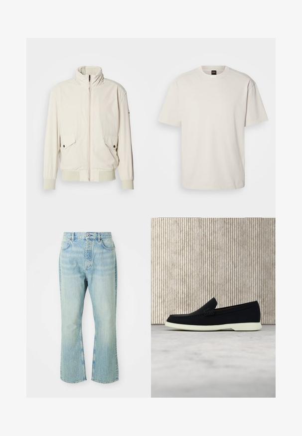 Helle beigefarbene Jacke mit hohem Kragen, Reißverschluss, zwei aufgesetzten Taschen und gerippten Bündchen. Aus einem weichen, glatten Material gefertigt.; Kurzärmliges T-Shirt mit Rundhalsausschnitt aus Baumwolle in Off-White, mit geradem Schnitt und minimalem Branding am Kragen. Weiche Textur, keine Muster.; Hellblaue, ausgestellte Jean mit hoher Taille, ausgestattet mit fünf Taschen, Gürtelschlaufen und einem ausgewaschenen Denim-Look.; Schwarzer Slipper mit runder Zehenpartie, präsentiert sich mit einem strukturierten Obermaterial, glatter weißer Sohle und einem dezenten Branding-Detail an der Seite.