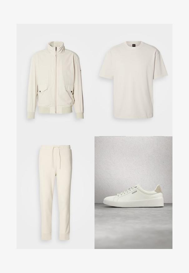 Lys beige jakke med høj krave, lynlås, to klaplommer og ribbede manchetter. Fremstillet af et blødt, glat materiale.; Kortærmet, crew-neck t-shirt i off-white bomuld med lige snit og minimal branding på kraven. Blød tekstur, uden mønstre.; Off-white tapered sweatpants med elastisk talje, justerbar snøre og manchetter ved anklerne på en ensfarvet hvid baggrund.; Hvid lav sneaker med snørebånd og beige hælflap med mærket "HUGO," svævende over en poleret betonflade nær en glasblokvæg.