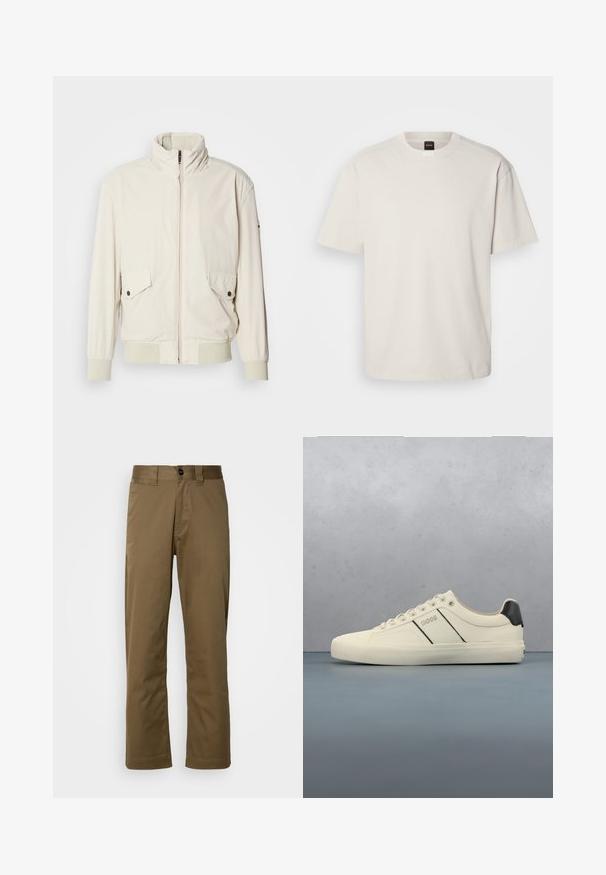 Veste beige clair avec un col haut, fermeture éclair, deux poches à rabat et des poignets côtelés. Fabriquée dans un matériau doux et lisse.; T-shirt à manches courtes et col rond en coton blanc cassé, présentant une coupe droite et un marquage minimal sur le col. Texture douce, sans motifs.; Pantalon marron à jambe droite en tissu tissé. Avec fermeture à bouton, poches latérales et texture lisse. Coupe ajustée.; Baskets de couleur crème avec une texture lisse, dotées d'accents et de marquage noirs. Design classique à lacets avec un bout rond et une semelle en caoutchouc.