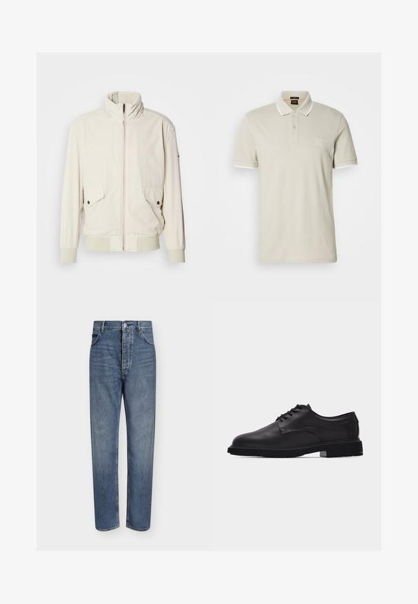 Licht beige jasje met een hoge kraag, ritssluiting, twee klepzakken en ribgebreide manchetten. Gemaakt van een zachte, gladde stof.; Lichtbeige polo van katoen. Voorzien van een klassieke kraag, een twee-knopen sluiting en contrasterende witte manchetten. Inclusief een logopatch.; Blauwe denim jeans met rechte pijpen, hoge taille, knoopsluiting aan de voorkant en vijfzakkenontwerp op een effen lichte achtergrond.; Zwarte leren veterschoen voor heren met gladde afwerking en dikke rubberen zool, zijaanzicht op witte achtergrond.