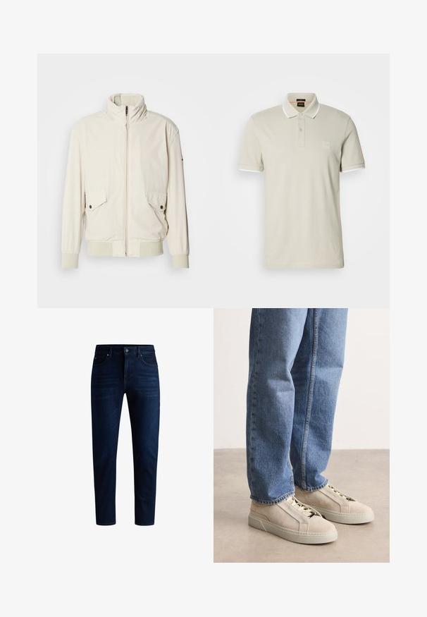 Lys beige jakke med høj krave, lynlås, to klaplommer og ribbede manchetter. Fremstillet af et blødt, glat materiale.; Lysebeige poloshirt lavet af bomuld. Har en klassisk krave, to-knaps lukning og kontrasterende hvide manchetter. Indeholder et logoemblem.; Mørkeblå denim jeans med lige ben-design, fem lommer og knaplukning. Stoffet har en svag glans med minimal falmning.; BOSS GARYTENN_SDHDEL - Sneakers - natural ten