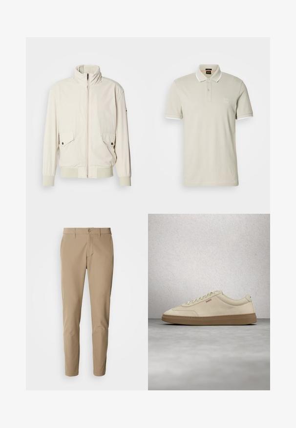 Licht beige jasje met een hoge kraag, ritssluiting, twee klepzakken en ribgebreide manchetten. Gemaakt van een zachte, gladde stof.; Lichtbeige polo van katoen. Voorzien van een klassieke kraag, een twee-knopen sluiting en contrasterende witte manchetten. Inclusief een logopatch.; Beige broek van gladde stof met een rechte snit, voorzien van een knoopsluiting en voorzakken, en inclusief riemlussen.; Lichtbeige suède sneaker met een zool van gumrubber, opvallende veters en subtiele stikdetails. Strak ontwerp met een minimalistische uitstraling.