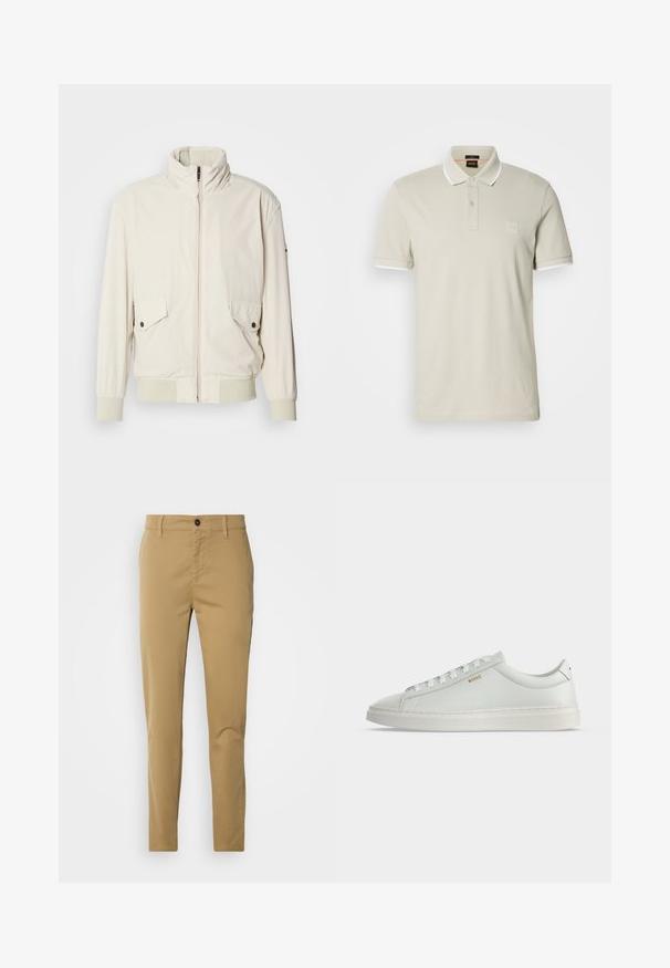 Lys beige jakke med høj krave, lynlås, to klaplommer og ribbede manchetter. Fremstillet af et blødt, glat materiale.; Lysebeige poloshirt lavet af bomuld. Har en klassisk krave, to-knaps lukning og kontrasterende hvide manchetter. Indeholder et logoemblem.; Khaki bukser lavet af bomuld. Slim fit design med en glat tekstur, forlommer og en enkelt knaplukning i taljen.; Hvid lavtop lædersneakers med snørebånd, flad sål og lille gyldent "BOSS" logo på siden, set fra ydersiden.