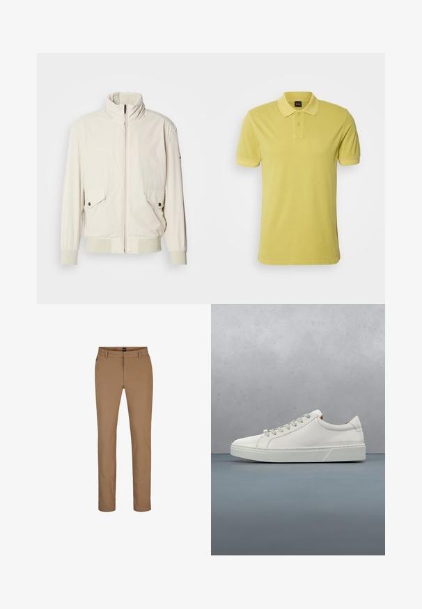 Veste beige clair avec un col haut, fermeture éclair, deux poches à rabat et des poignets côtelés. Fabriquée dans un matériau doux et lisse.; BOSS PRIME - Polo - bright yellow; Pantalon marron clair en mélange de coton avec une coupe droite, poches avant et fermeture éclair. Matériaux minimaux et sans motifs visibles.; Baskets en cuir blanc avec un bout arrondi, design minimaliste, lacets gris et semelle en caoutchouc gris texturé. Détails de couture subtils visibles.