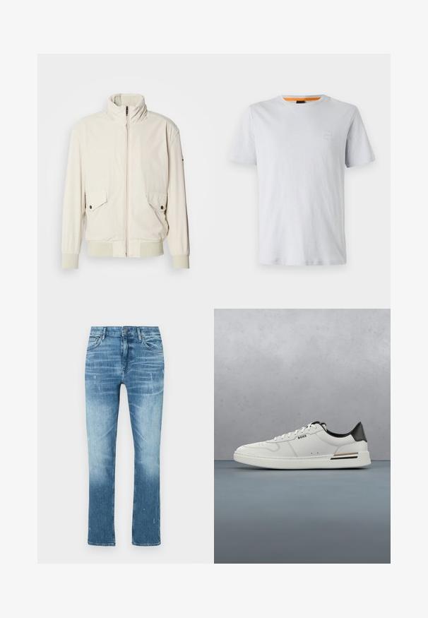 Veste beige clair avec un col haut, fermeture éclair, deux poches à rabat et des poignets côtelés. Fabriquée dans un matériau doux et lisse.; T-shirt gris clair à manches courtes en coton, avec un petit logo brodé sur la poitrine et un accent orange contrastant au niveau du col.; Jean droit bleu clair en denim, avec une finition délavée, des légères distorsions et un design traditionnel à cinq poches.; Sneaker basse blanche avec talon noir, fermeture à lacets, perforations subtiles et logo "BOSS" sur le côté, vue depuis le profil extérieur.