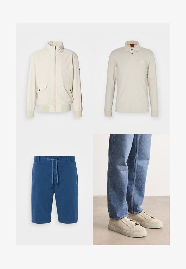 Licht beige jasje met een hoge kraag, ritssluiting, twee klepzakken en ribgebreide manchetten. Gemaakt van een zachte, gladde stof.; Poloshirt met lange mouwen in lichtbeige katoen. Beschikt over een kraag, twee knopen en een klein, gedebosseerd logo op de borst. Oranje binnenkraag.; Blauwe katoenen shorts met een elastische tailleband, een striksluiting, zijzakken en een gladde textuur. Geen patronen of accenten zichtbaar.; BOSS GARYTENN_SDHDEL - Sneakers laag - natural ten