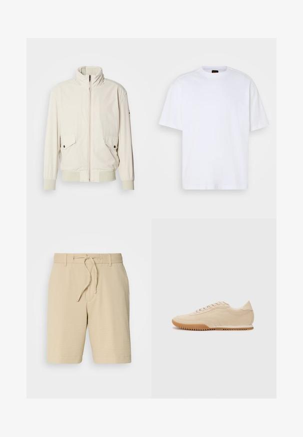 Chaqueta de color beige claro con un cuello alto, cierre de cremallera, dos bolsillos con solapa y puños acanalados. Confeccionada en un material suave y liso.; Camiseta de algodón blanca con cuello redondo, mangas cortas y un corte relajado. Presenta costuras de hombro texturizadas para un detalle adicional.; Pantalones cortos beige de tela texturizada, con cintura elástica y cordón ajustable, y bolsillos laterales para mayor funcionalidad.; Zapatillas de ante beige con un diseño aerodinámico, que presentan un upper texturizado, puntera redondeada y una suela de goma con un patrón de zigzag.