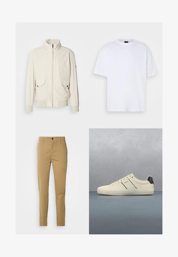 Licht beige jasje met een hoge kraag, ritssluiting, twee klepzakken en ribgebreide manchetten. Gemaakt van een zachte, gladde stof.; Witte katoenen T-shirt met ronde hals, korte mouwen en een ontspannen pasvorm. Heeft textuur op de schoudernaden voor extra detail.; Khaki broek van katoen. Slim fit ontwerp met een gladde textuur, voorzakken en een enkele knoopsluiting bij de taille.; Crème-kleurige sneakers met een gladde textuur, voorzien van zwarte accenten en branding. Tijdloos vetersysteem met een ronde neus en rubberen zool.