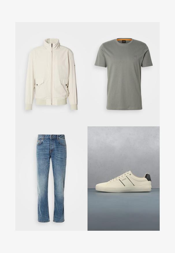 Lys beige jakke med høj krave, lynlås, to klaplommer og ribbede manchetter. Fremstillet af et blødt, glat materiale.; Grå bomulds t-shirt med korte ærmer og rund halsudskæring. Har et lille firkantet logo-patch på venstre brystområde i en matchende farve.; Lyseblå denimbukser med lige ben, fem lommer, kontrasterende syninger og en falmet finish. Har en knap- og lynlåsåbning.; Cremefarvede sneakers med en glat tekstur, der har sorte accenter og branding. Klassisk snørebåndsdesign med rund tå og gummisål.