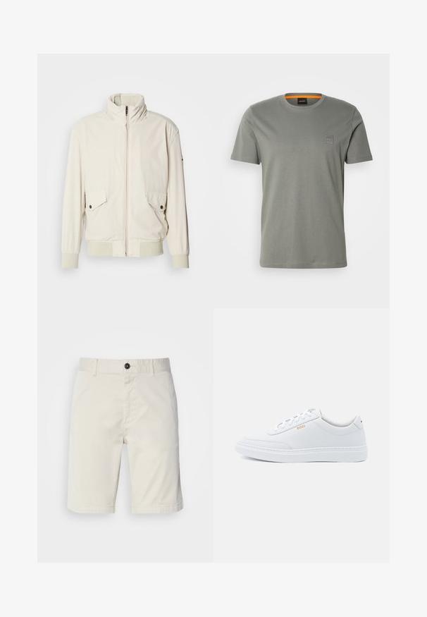 Chaqueta de color beige claro con un cuello alto, cierre de cremallera, dos bolsillos con solapa y puños acanalados. Confeccionada en un material suave y liso.; Camiseta de algodón gris con mangas cortas y cuello redondo. Presenta un pequeño parche con un logo cuadrado en el lado izquierdo del pecho en un color a juego.; Shorts de color beige claro fabricados en algodón, con cierre de botón, bolsillos delanteros y dobladillo cosido. Textura suave con un diseño casual.; Zapatillas de cuero blanco con textura suave, puntera redondeada y costuras tonales. Cuentan con cordones azules y un logo dorado en el lateral.