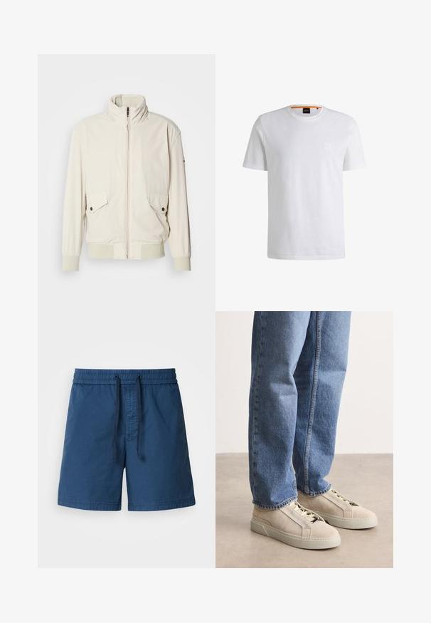 Licht beige jasje met een hoge kraag, ritssluiting, twee klepzakken en ribgebreide manchetten. Gemaakt van een zachte, gladde stof.; Witte katoenen t-shirt met korte mouwen en een ronde hals. Heeft een subtiele logo patch aan de voorkant en een oranje accent bij de kraag.; Marineblauwe zwemshorts met een elastische tailleband, een trekkoordsluiting en een gestructureerde stof. Het ontwerp heeft een recht model en geen zakken.; BOSS GARYTENN_SDHDEL - Sneakers laag - natural ten