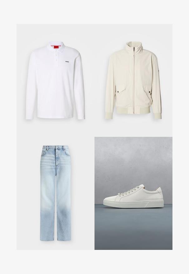 Veste beige clair avec un col haut, fermeture éclair, deux poches à rabat et des poignets côtelés. Fabriquée dans un matériau doux et lisse.; Polo-shirt blanc à manches longues en coton avec un col, une patte de boutonnage à trois boutons et un logo noir "HUGO" sur la poitrine gauche.; Jeans bleu clair taille haute à jambes droites, avec poches avant, passants de ceinture et fermeture par bouton.; Baskets en cuir blanc avec un bout arrondi, design minimaliste, lacets gris et semelle en caoutchouc gris texturé. Détails de couture subtils visibles.