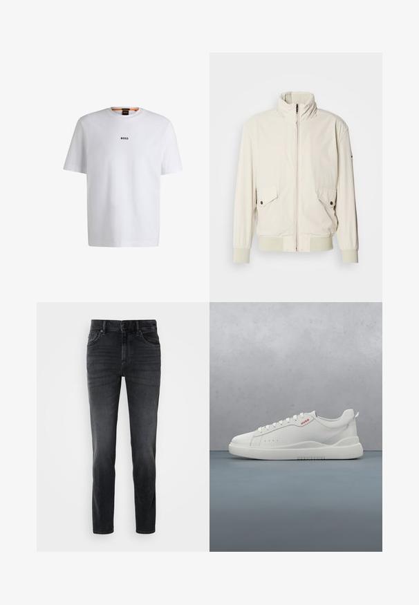 Ανοιχτό μπεζ μπουφάν με ψηλό γιακά, φερμουάρ, δύο καμπυλωτές τσέπες και ριχτές μανσέτες. Φτιαγμένο από μαλακό, λείο υλικό.; Λευκό βαμβακερό t-shirt με κοντά μανίκια, με μαύρο λογότυπο "BOSS" κεντραρισμένο στο στήθος και στρογγυλό σχέδιο λαιμόκοψης.; Μαύρο τζιν παντελόνι με στενή εφαρμογή, που διαθέτει μέση μεσαίου ύψους, κλασικό σχέδιο πέντε τσεπών και διακριτική φθορά στα πόδια.; Λευκό παπούτσι sneaker με λείο δερμάτινο φινίρισμα, στρογγυλή μύτη, τέσσερις τρυπούλες, διακριτές οπές και κόκκινη λεπτομέρεια λογότυπου στο πλάι.