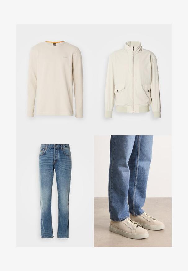 Lys beige jakke med høj krave, lynlås, to klaplommer og ribbede manchetter. Fremstillet af et blødt, glat materiale.; Lys beige langærmet t-shirt lavet af struktureret stof. Har en rund hals og et lille logo på brystet med en orange detalje indeni kraven.; Lyseblå denimbukser med lige ben, fem lommer, kontrasterende syninger og en falmet finish. Har en knap- og lynlåsåbning.; BOSS GARYTENN_SDHDEL - Sneakers - natural ten