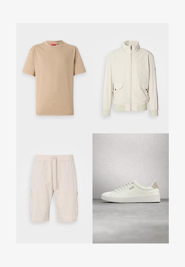 Lys beige jakke med høj krave, lynlås, to klaplommer og ribbede manchetter. Fremstillet af et blødt, glat materiale.; Beige bomulds T-shirt med korte ærmer, rund halsudskæring og subtilt "HUGO" logo i midten. Glat overflade, afslappet pasform.; Beige cargoshorts med elastisk talje og snor, der har to sidelommer og et glat, let materiale.; Hvid lav sneaker med snørebånd og beige hælflap med mærket "HUGO," svævende over en poleret betonflade nær en glasblokvæg.