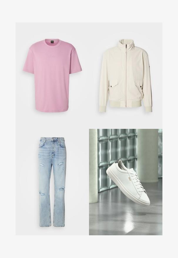 Lys beige jakke med høj krave, lynlås, to klaplommer og ribbede manchetter. Fremstillet af et blødt, glat materiale.; Lyserød bomulds t-shirt med afslappet pasform, med rund hals og subtilt præget "BOSS" logo på brystet. Korte ærmer og glat tekstur.; Lysvaskede denimjeans med en afslappet pasform, der har slidte områder og frynsede kanter. Stoffet har en blød, glat tekstur.; Hvid læder lav-top sneaker med snørebånd, sort hælflig og "BOSS"-logo, svævende indendørs nær glasblok væg og poleret gulv.