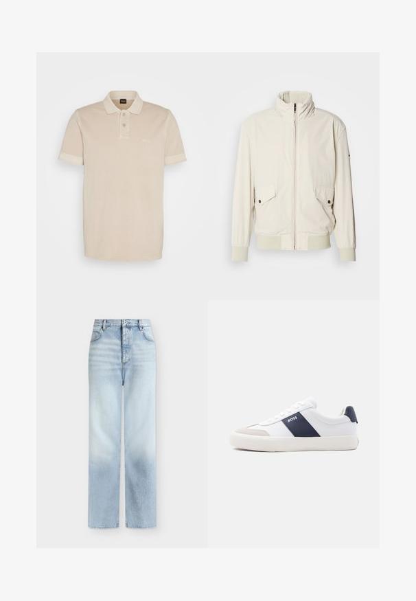 Helle beigefarbene Jacke mit hohem Kragen, Reißverschluss, zwei aufgesetzten Taschen und gerippten Bündchen. Aus einem weichen, glatten Material gefertigt.; Beige Poloshirt aus weicher Baumwolle. Es verfügt über einen klassischen Kragen, zwei Knöpfe und ein kleines gesticktes Logo auf der Brust.; Hellblaue, hoch taillierte Jeans mit geradem Bein, Fronttaschen, Gürtelschlaufen und einem Knopfverschluss.; Weißer Sneaker mit niedrigem Schaft, marineblauem Seitenstreifen, "BOSS" Logo, beiger Zehenkappe und weißer Sohle, seitlich auf hellem Hintergrund gezeigt.