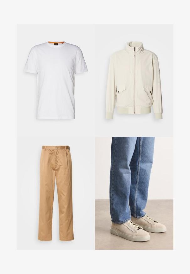 Helle beigefarbene Jacke mit hohem Kragen, Reißverschluss, zwei aufgesetzten Taschen und gerippten Bündchen. Aus einem weichen, glatten Material gefertigt.; Weißes Baumwoll-T-Shirt mit Rundhalsausschnitt, kurzen Ärmeln und einem dezenten geprägten Logo auf der Brust. Das Innenschild hat einen orangefarbenen Akzent.; Khaki-Hosen aus Baumwollmischung, im geraden Schnitt, mit Vorderfalten, Gürtelschlaufen und Knopfverschluss. Glatte Textur ohne Muster.; BOSS GARYTENN_SDHDEL - Sneaker low - natural ten