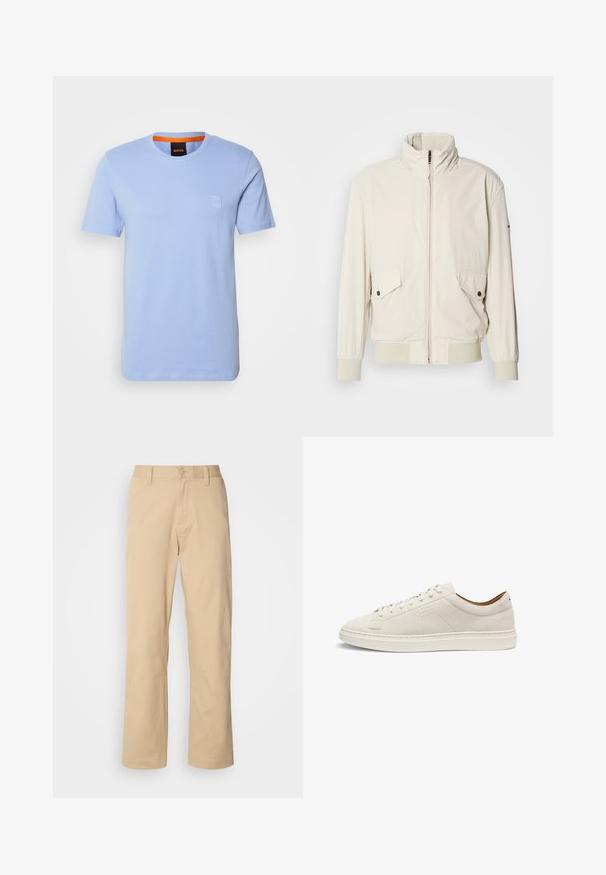 Licht beige jasje met een hoge kraag, ritssluiting, twee klepzakken en ribgebreide manchetten. Gemaakt van een zachte, gladde stof.; Lichtblauw katoenen T-shirt met korte mouwen, ronde halslijn en een klein reliëflogo op de borst. Contrasterende oranje binnenkraag.; HUGO ZAYN - Broek - medium beige; Beige suede lage sneaker met bijpassende veters, platte zool en subtiel geperst "BOSS"-logo aan de zijkant, gepresenteerd in zijaanzicht.
