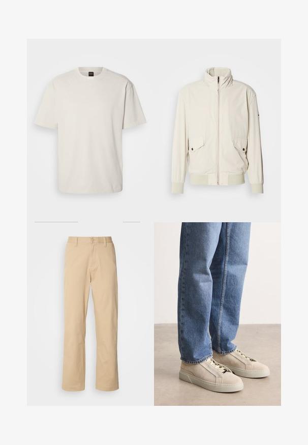 Licht beige jasje met een hoge kraag, ritssluiting, twee klepzakken en ribgebreide manchetten. Gemaakt van een zachte, gladde stof.; Korte mouwen, ronde hals t-shirt in off-wit katoen, met een rechte snit en minimale merkvermelding op de hals. Zachte textuur, geen patronen.; HUGO ZAYN - Broek - medium beige; BOSS GARYTENN_SDHDEL - Sneakers laag - natural ten