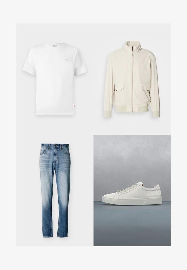 Lys beige jakke med høj krave, lynlås, to klaplommer og ribbede manchetter. Fremstillet af et blødt, glat materiale.; Hvid bomulds t-shirt med korte ærmer, rund hals og et lille gråt logo på venstre bryst. Enkel design, regular fit, glat tekstur.; Blå falmede jeans med lige ben, fem lommer, knaplukning og bæltestropper, vist fladt på hvid baggrund.; Hvid lædersneaker med rund tå, minimalistisk design, grå snørebånd og en tekstureret grå gummisål. Subtile syningsdetaljer er synlige.