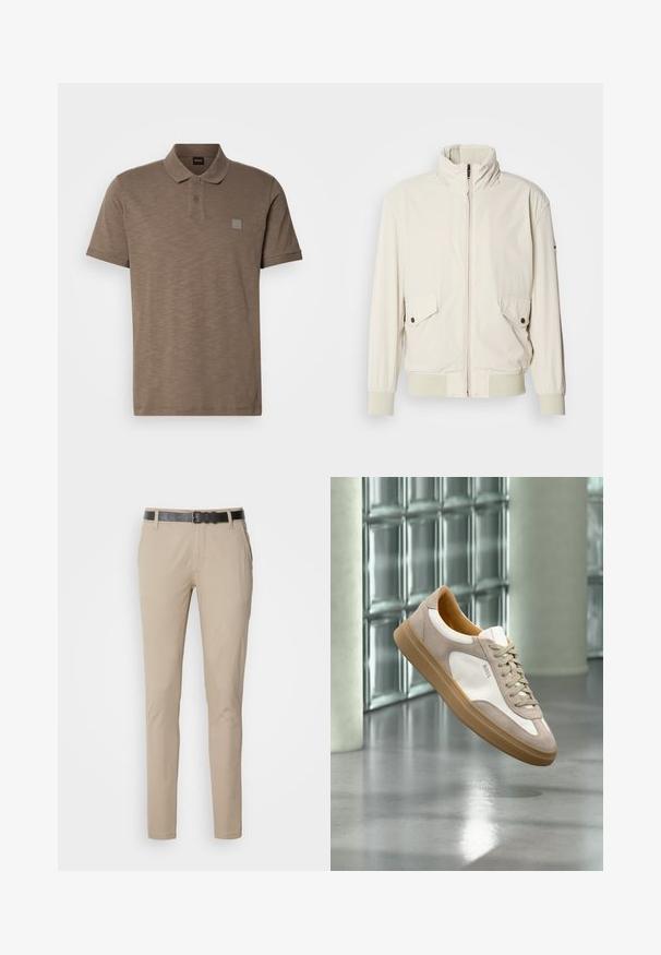 Chaqueta de color beige claro con un cuello alto, cierre de cremallera, dos bolsillos con solapa y puños acanalados. Confeccionada en un material suave y liso.; Camisa polo marrón hecha de tela texturizada, con un cuello de dos botones y un discreto parche del logo en el lado izquierdo del pecho. Incluye mangas cortas.; Chinos beige de corte ajustado, confeccionados en suave tela de algodón. Presentan un cinturón negro texturizado, dos bolsillos laterales y un acabado liso.; Zapatilla beige y blanca con suela marrón claro y logo "BOSS", suspendida sobre un suelo liso y reflectante con pared de bloques de vidrio al fondo.