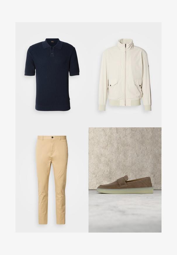 Licht beige jasje met een hoge kraag, ritssluiting, twee klepzakken en ribgebreide manchetten. Gemaakt van een zachte, gladde stof.; Marineblauw ribbed poloshirt met een twee-knops knoopsluiting, korte mouwen en een platte kraag. De stof heeft een gestructureerde afwerking en een getailleerde pasvorm.; Beige chinos van katoen met een gladde textuur. Voorzien van een knoopsluiting, riemlussen en taps toelopend naar de enkels.; Beige suède instapper loafer met witte rubberen zool en BOSS-logo op de zijband, getoond tegen een effen neutrale achtergrond.