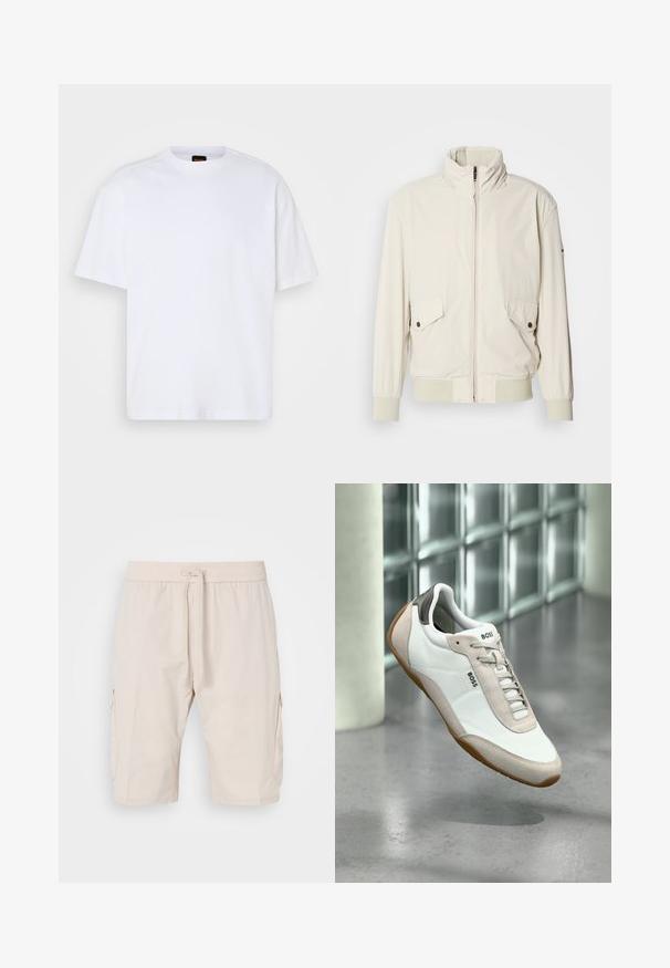 Helle beigefarbene Jacke mit hohem Kragen, Reißverschluss, zwei aufgesetzten Taschen und gerippten Bündchen. Aus einem weichen, glatten Material gefertigt.; Weißes Baumwoll-T-Shirt mit Rundhalsausschnitt, kurzen Ärmeln und lässiger Passform. Verfügt über strukturierte Schulternaht für zusätzliche Details.; Beige Cargo-Shorts mit einem elastischen Bund und Kordelzug, ausgestattet mit zwei Seitentaschen und einem glatten, leichten Stoff.; Weißer und beiger BOSS-Sneaker mit brauner Sohle, der über einem polierten Betonboden vor einer Glassteinwand schwebt.