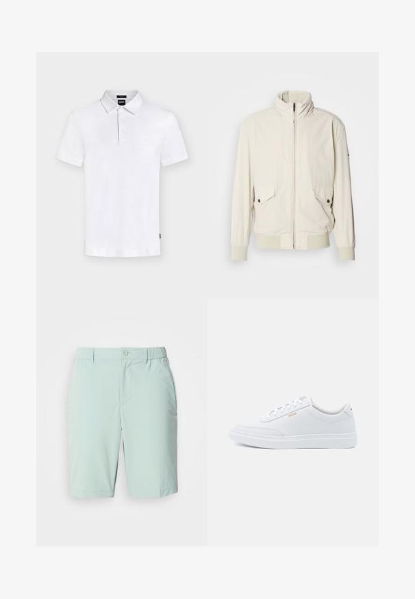 Licht beige jasje met een hoge kraag, ritssluiting, twee klepzakken en ribgebreide manchetten. Gemaakt van een zachte, gladde stof.; Wit poloshirt met korte mouwen, kraag en drie knopen, met een subtiel "BOSS"-logo op de borst en een klein label aan de zijkant.; Lichtblauwe shorts van gladde stof, met een knoopsluiting, voorzakken en een comfortabele tailleband zonder zichtbare patronen.; Witte leren sneakers met een gladde textuur, ronde neus en tonale stiksels. Voorzien van blauwe veters en een gouden logo op de zijkant.