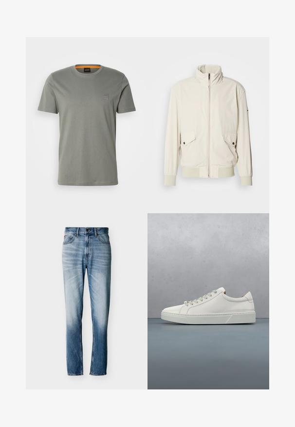 Veste beige clair avec un col haut, fermeture éclair, deux poches à rabat et des poignets côtelés. Fabriquée dans un matériau doux et lisse.; T-shirt en coton gris à manches courtes et encolure ronde. Il présente un petit badge logo carré sur la partie gauche de la poitrine dans une couleur assortie.; Jean bleu délavé à coupe droite avec cinq poches, fermeture par bouton et passants pour ceinture, présenté à plat sur fond blanc.; Baskets en cuir blanc avec un bout arrondi, design minimaliste, lacets gris et semelle en caoutchouc gris texturé. Détails de couture subtils visibles.
