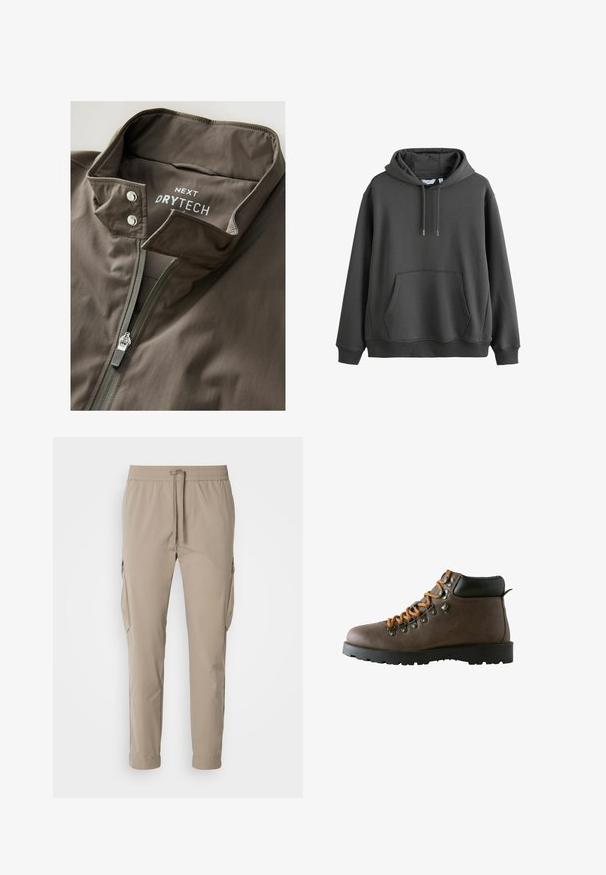 Bruine waterdichte jas met een staande kraag, ritssluiting en drukknoopsluiting. "NEXT DRYTECH" logo gedrukt aan de binnenkant van de kraag.; Donkergrijze pullover met capuchon, voorzien van een voorzak en een verstelbare trekkoordenkap, afgebeeld tegen een witte achtergrond.; Beige cargo broek met een elastische tailleband en trekkoord. Voorzien van zijzakken en een taps toelopend ontwerp, gemaakt van lichte stof.; Bruine leren wandelschoen met oranje veters, metalen oogjes, gevoerde zwarte enkelkraag en dikke zwarte rubberen zool.