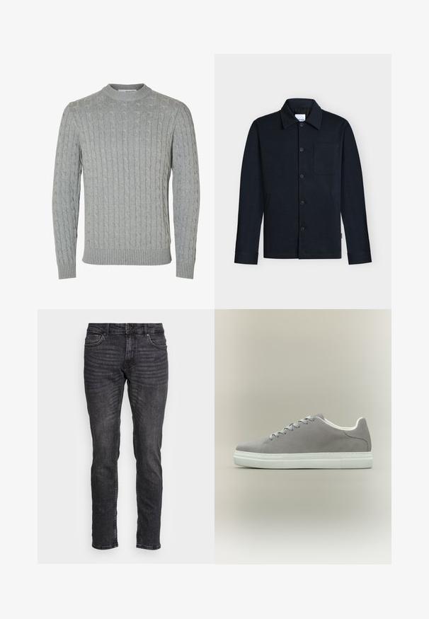 Chaqueta azul marino con botones, con cuello, mangas largas y un único bolsillo en el pecho sobre un fondo neutro.; Suéter de punto gris claro con diseño de cable, cuello redondo y puños y dobladillo acanalados. Hecho de tela suave y texturizada.; Pantalones vaqueros de mezclilla negra con corte recto, textura ligeramente desteñida, cinco bolsillos, botón de metal y cremallera. El dobladillo es limpio y sin acabar.; Zapatilla de ante gris con suela y cordones de goma blanca, con un diseño de corte bajo y textura suave. Estilo minimalista sin logotipos visibles.